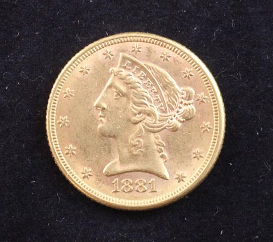 A USA 1881 coronet head gold 5 dollars,